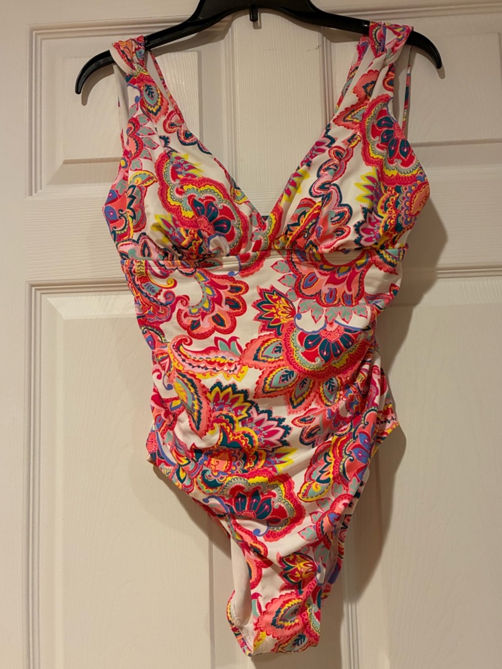 Women's plunge one piece swimsuit with Paisley print and ruching detail